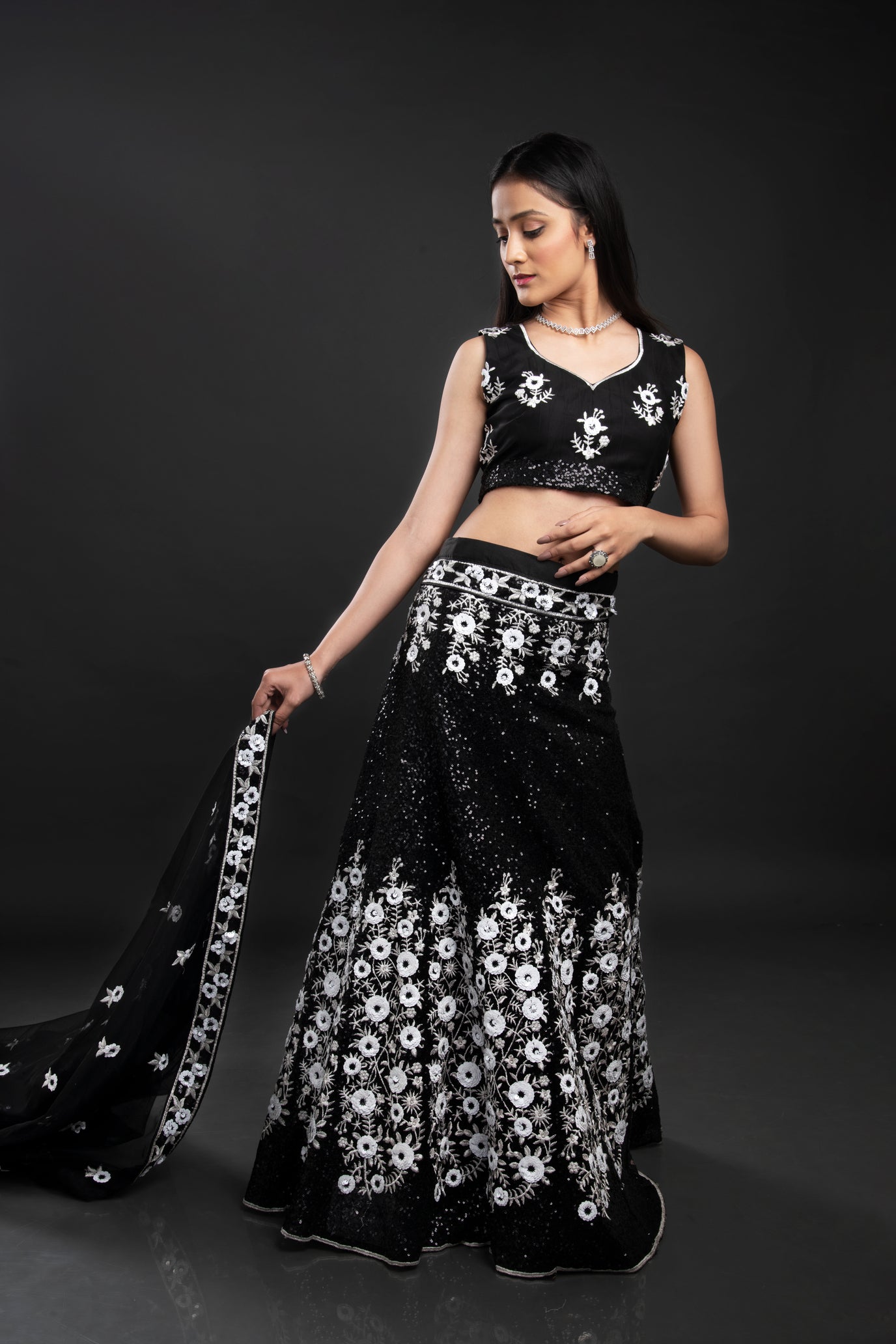 3D Sequin Net Bridal Lehenga with Embroidered Border