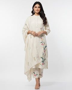 Elegant Khadi Cotton Kurta Set  Applique Work with Matching Pants & Dupatta