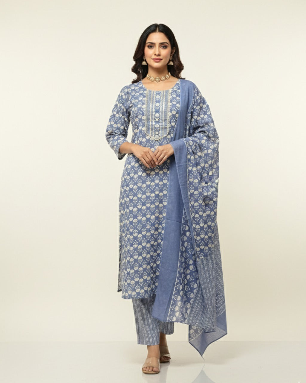 Elegant Cotton Kurta Set Thread Embroidered Neckline & Printed Kota Doriya Dupatta