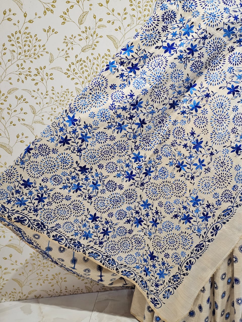 Tussar Silk Saree Kantha Work with Block Print & Designer Pallu