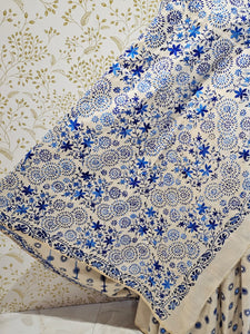Tussar Silk Saree Kantha Work with Block Print & Designer Pallu