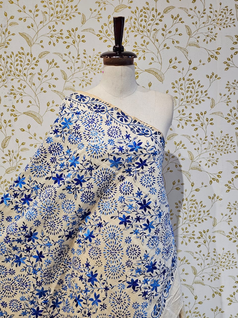 Tussar Silk Saree Kantha Work with Block Print & Designer Pallu