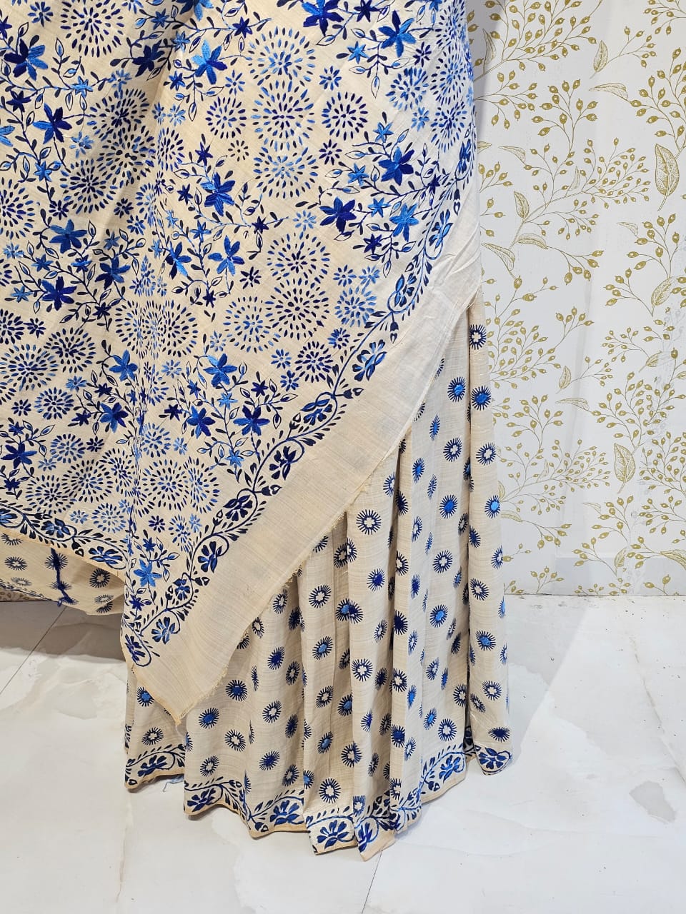 Tussar Silk Saree Kantha Work with Block Print & Designer Pallu