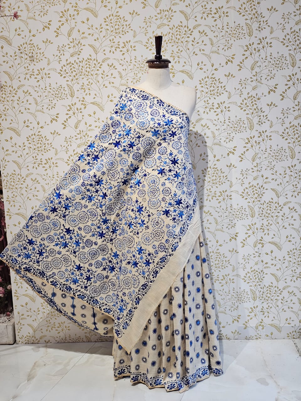 Tussar Silk Saree Kantha Work with Block Print & Designer Pallu