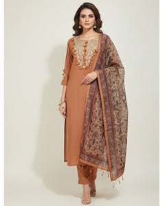 Elegant Cotton Kurta Set Thread Embroidery with Shell & Pearl Tassels, Chanderi Dupatta