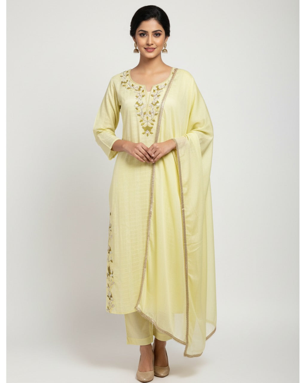 Elegant Cotton Kurta Set Thread Embroidered Neckline with Sequined Chiffon Dupatta