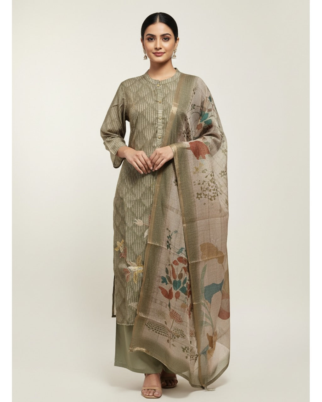 Elegant Tissue Chanderi Kurta Set  Digital Printed Kurta with Silk Pants & Lightweight Dupatta