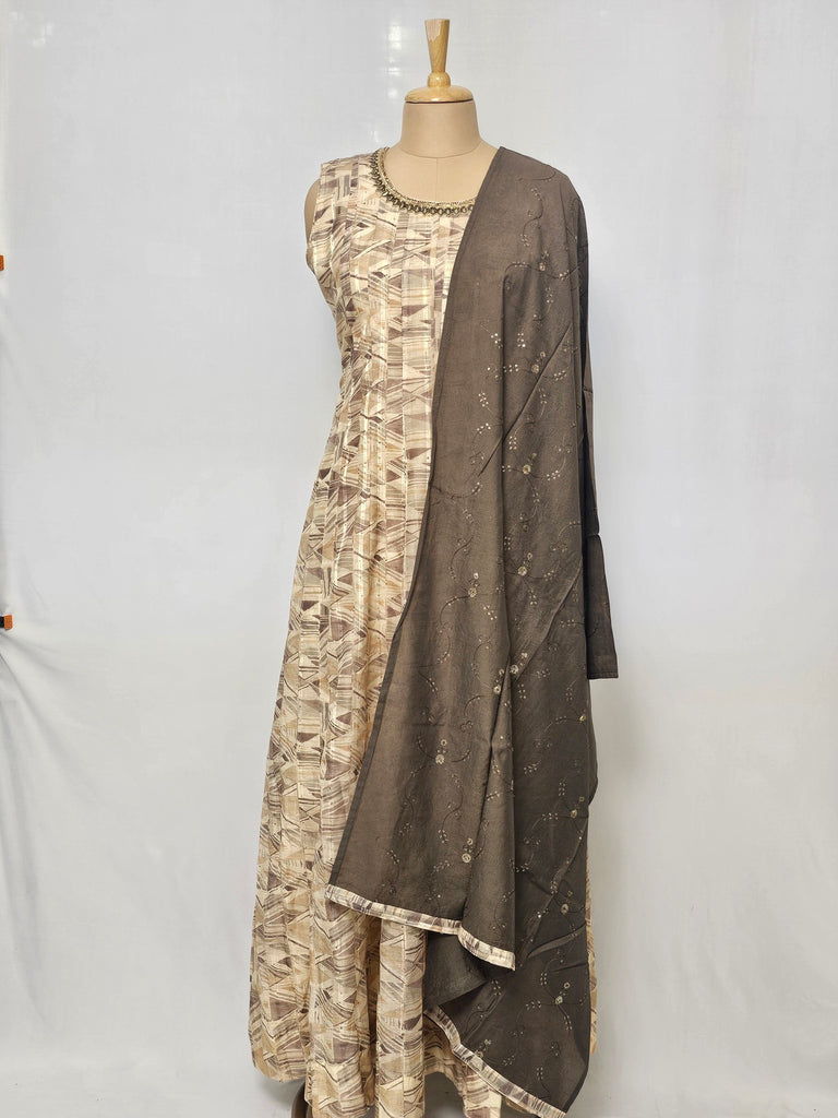 Indo Western Chanderi Digital Printed Anarkali Set with Pants & Dupatta