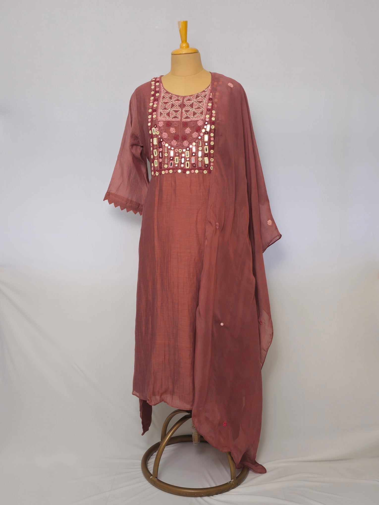 Mal Chanderi Anarkali Kurta Set with Resham & Mirror Embroidery