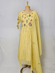 Mal Chanderi Anarkali Kurta Set with Resham & Mirror Work