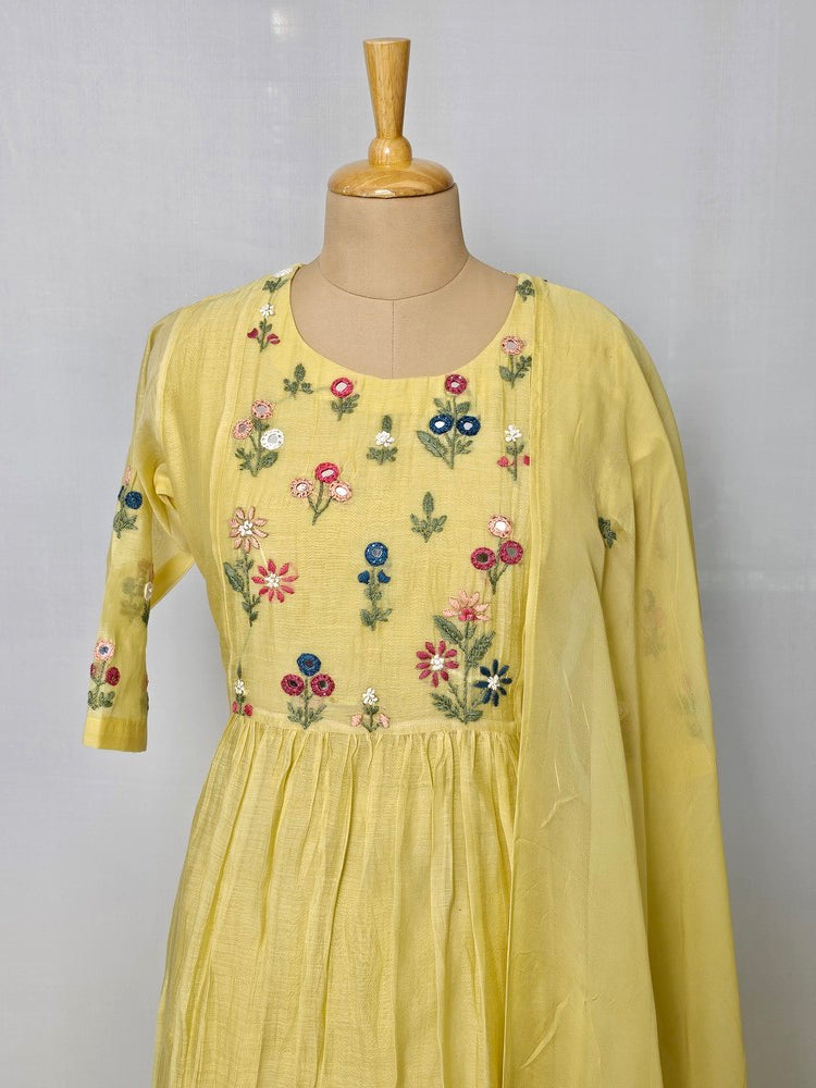 Mal Chanderi Anarkali Kurta Set with Resham & Mirror Work