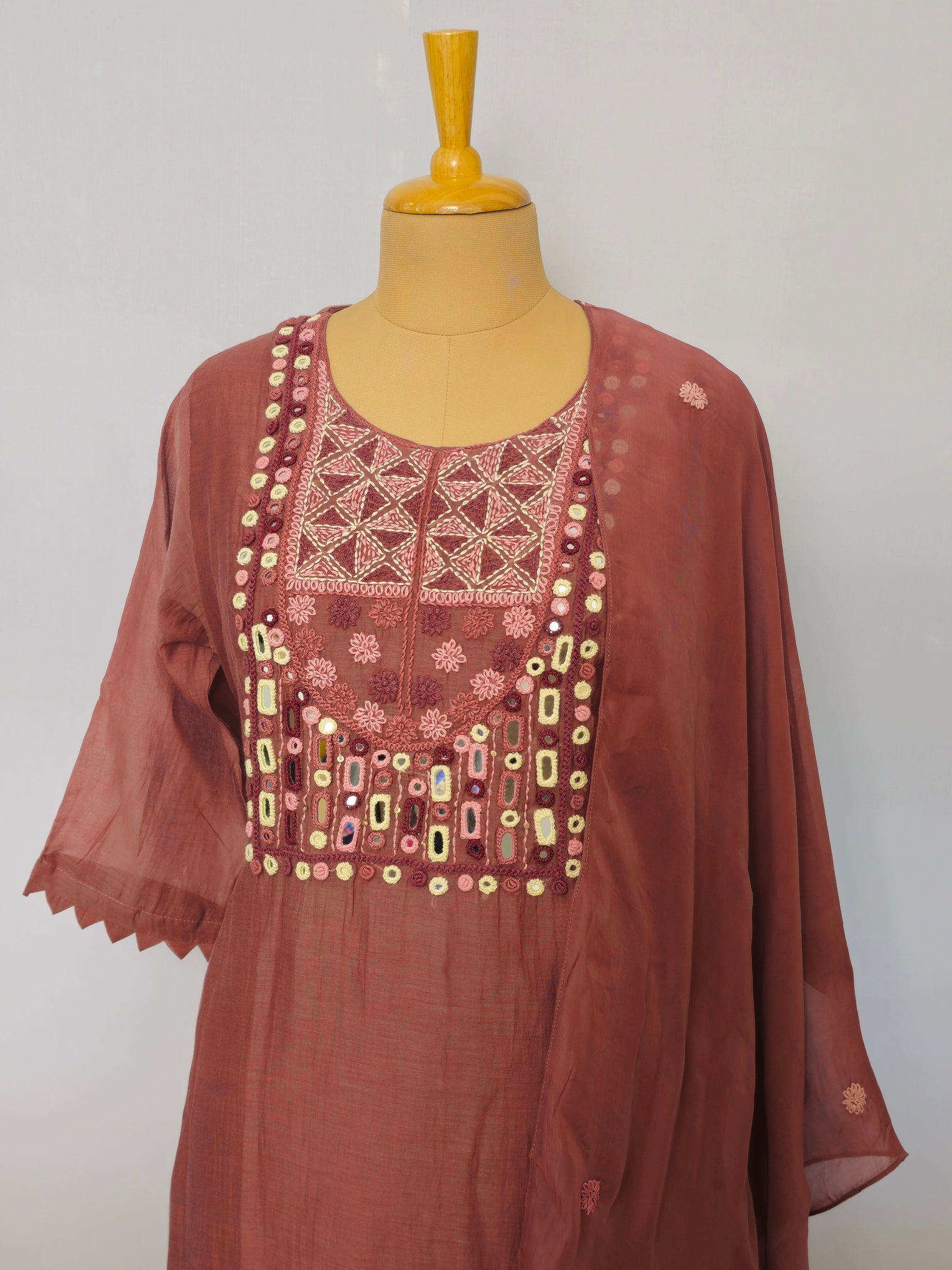 Mal Chanderi Anarkali Kurta Set with Resham & Mirror Embroidery