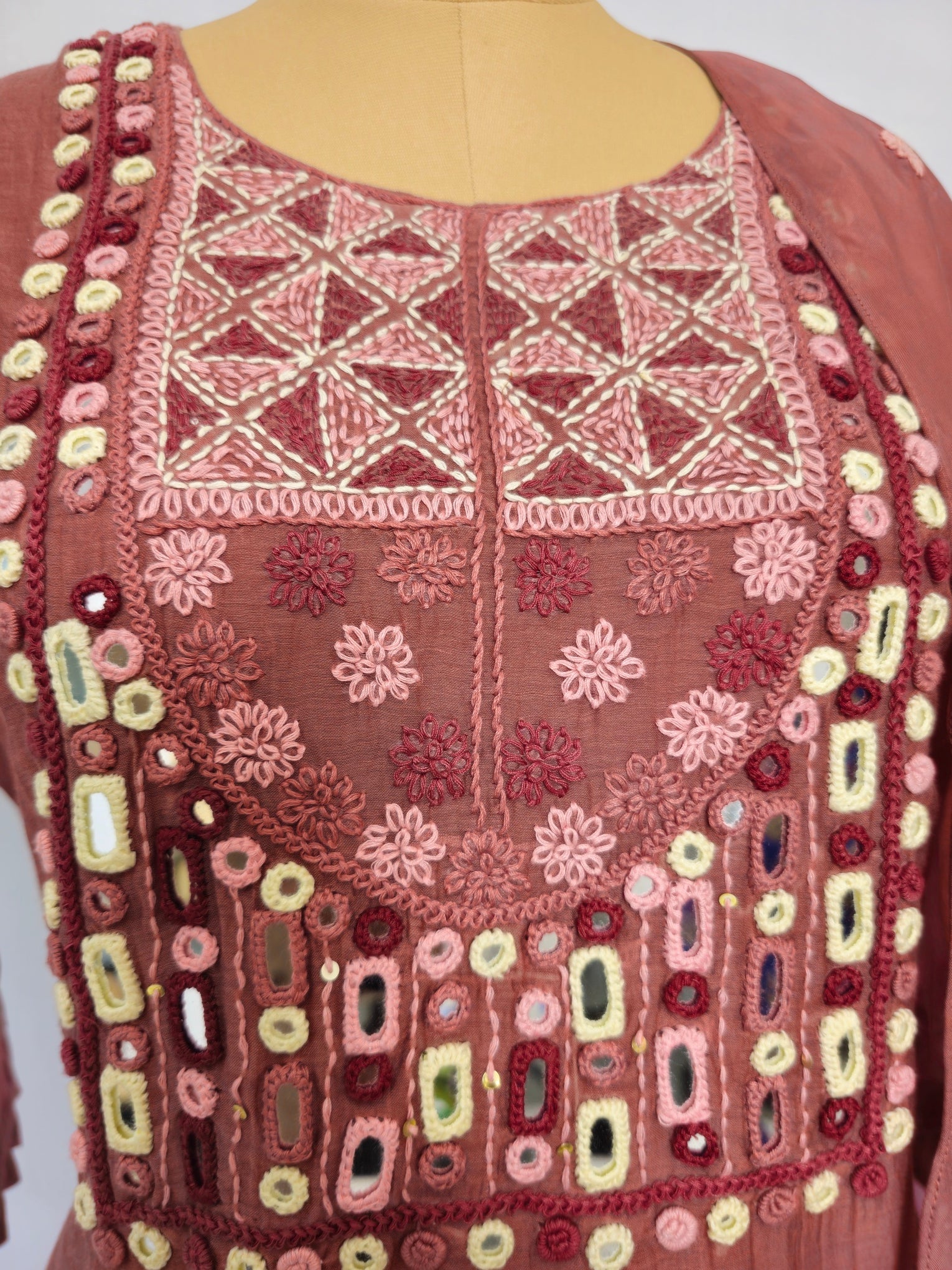 Mal Chanderi Anarkali Kurta Set with Resham & Mirror Embroidery