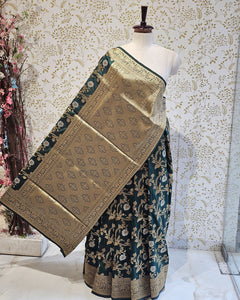 Banarasi Silk Saree  Golden Floral wine Border & Brocade Pallu, Dual Tone Motifs