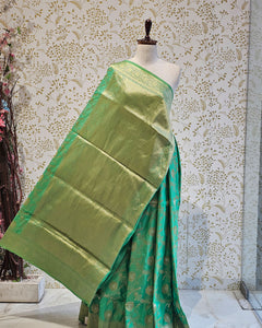 Banarasi Silk Saree  Golden Floral wine Border & Brocade Pallu, Dual Tone Motifs