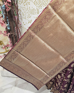 Banarasi Silk Saree  Golden Floral wine Border & Brocade Pallu, Dual Tone Motifs