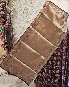Banarasi Silk Saree  Golden Floral wine Border & Brocade Pallu, Dual Tone Motifs
