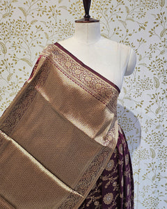 Banarasi Silk Saree  Golden Floral wine Border & Brocade Pallu, Dual Tone Motifs