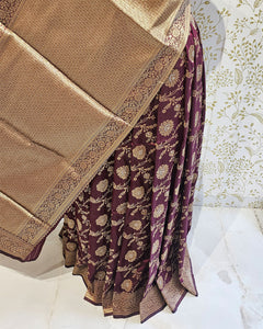 Banarasi Silk Saree  Golden Floral wine Border & Brocade Pallu, Dual Tone Motifs