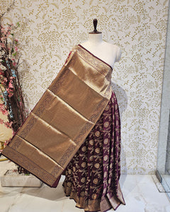 Banarasi Silk Saree  Golden Floral wine Border & Brocade Pallu, Dual Tone Motifs