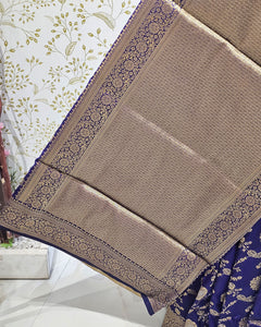 Banarasi Silk Saree  Golden Floral wine Border & Brocade Pallu, Dual Tone Motifs