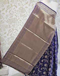 Banarasi Silk Saree  Golden Floral wine Border & Brocade Pallu, Dual Tone Motifs