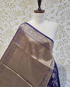 Banarasi Silk Saree  Golden Floral wine Border & Brocade Pallu, Dual Tone Motifs