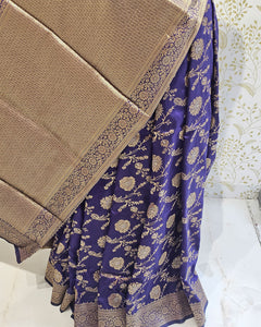 Banarasi Silk Saree  Golden Floral wine Border & Brocade Pallu, Dual Tone Motifs