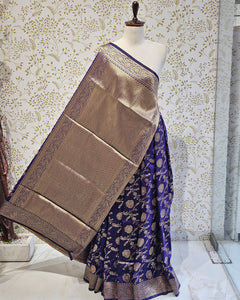 Banarasi Silk Saree  Golden Floral wine Border & Brocade Pallu, Dual Tone Motifs