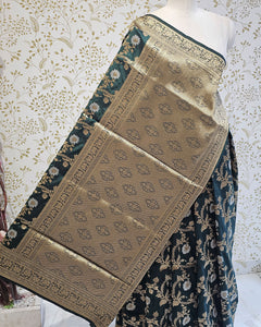 Banarasi Silk Saree  Golden Floral wine Border & Brocade Pallu, Dual Tone Motifs