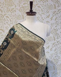 Banarasi Silk Saree  Golden Floral wine Border & Brocade Pallu, Dual Tone Motifs