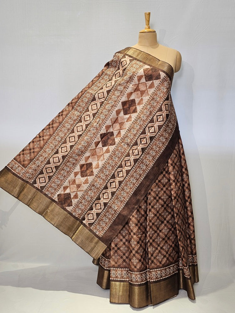 Block Printed Kalamkari Cotton Tussar Saree with Copper Jari Border