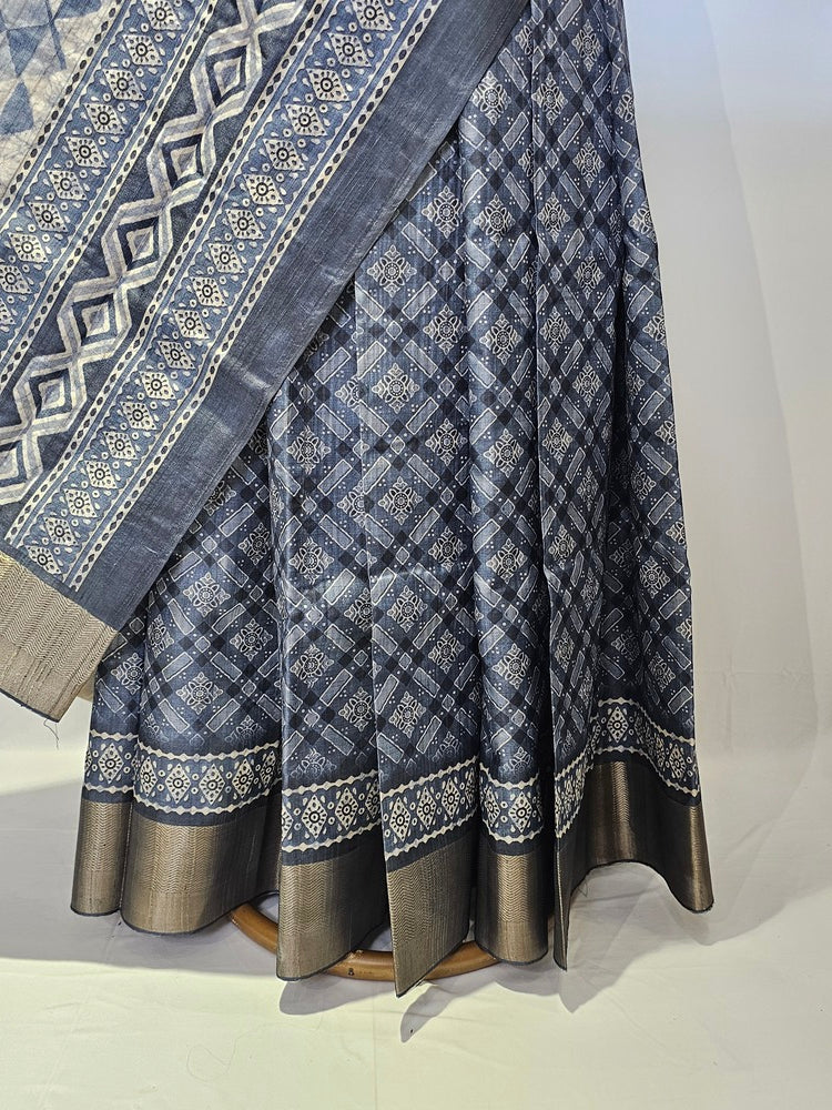 Block Printed Kalamkari Cotton Tussar Saree with Copper Jari Border