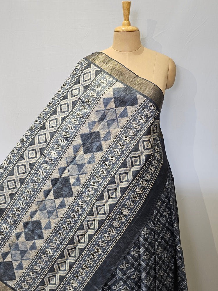 Block Printed Kalamkari Cotton Tussar Saree with Copper Jari Border