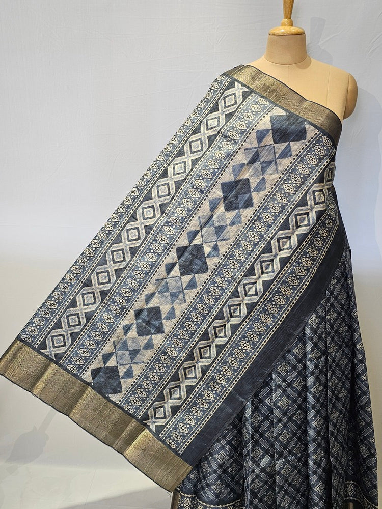 Block Printed Kalamkari Cotton Tussar Saree with Copper Jari Border
