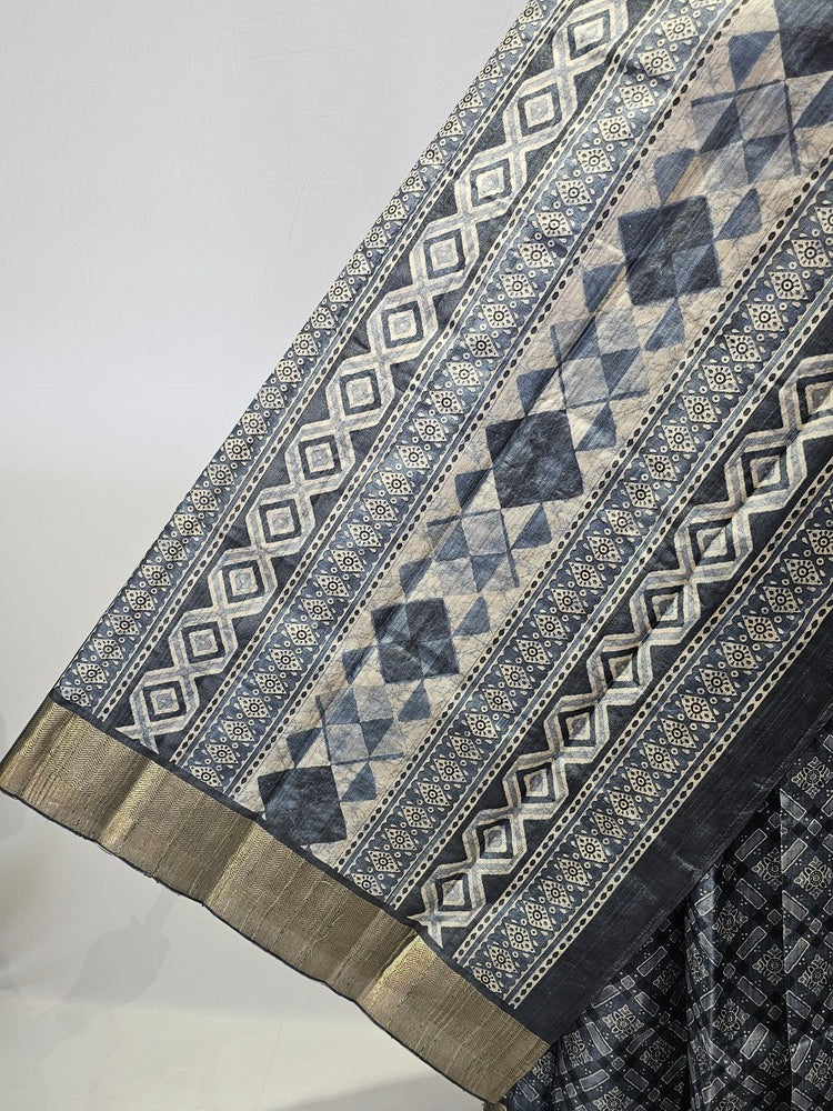 Block Printed Kalamkari Cotton Tussar Saree with Copper Jari Border