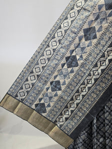 Block Printed Kalamkari Cotton Tussar Saree with Copper Jari Border