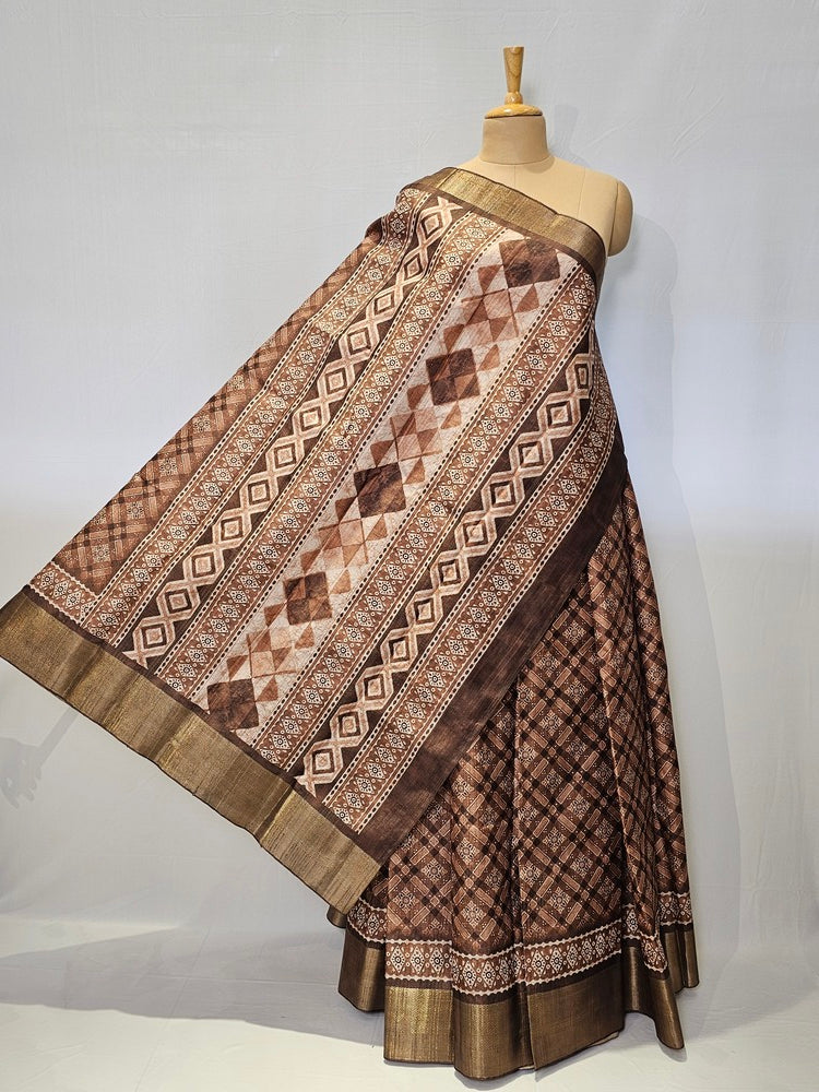 Block Printed Kalamkari Cotton Tussar Saree with Copper Jari Border
