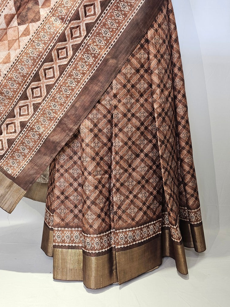 Block Printed Kalamkari Cotton Tussar Saree with Copper Jari Border