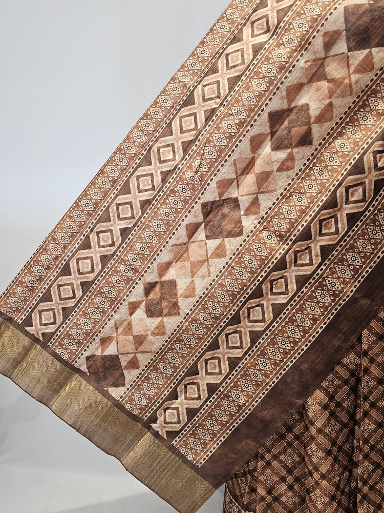 Block Printed Kalamkari Cotton Tussar Saree with Copper Jari Border