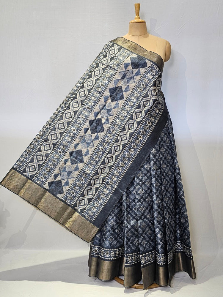Block Printed Kalamkari Cotton Tussar Saree with Copper Jari Border