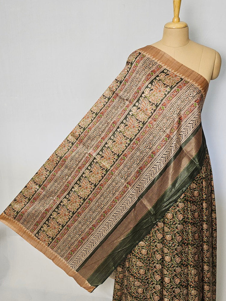 Block Printed Kalamkari Cotton Tussar Saree with Temple Jari Border