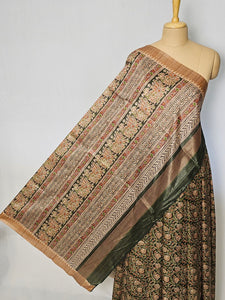 Block Printed Kalamkari Cotton Tussar Saree with Temple Jari Border