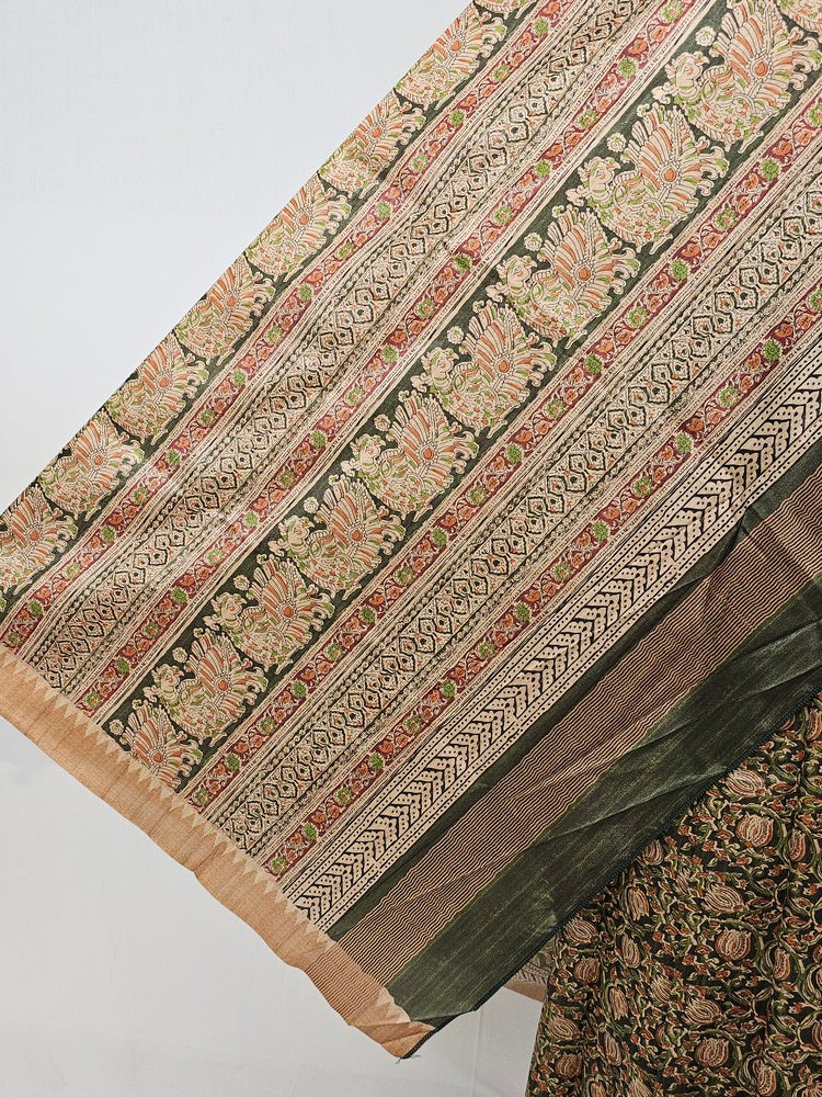 Block Printed Kalamkari Cotton Tussar Saree with Temple Jari Border