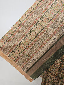 Block Printed Kalamkari Cotton Tussar Saree with Temple Jari Border