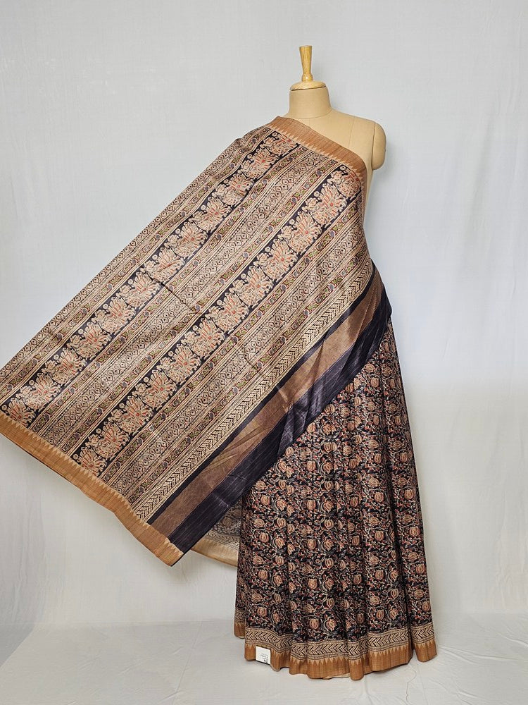 Block Printed Kalamkari Cotton Tussar Saree with Temple Jari Border