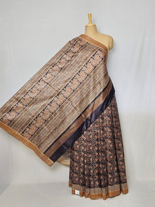 Block Printed Kalamkari Cotton Tussar Saree with Temple Jari Border