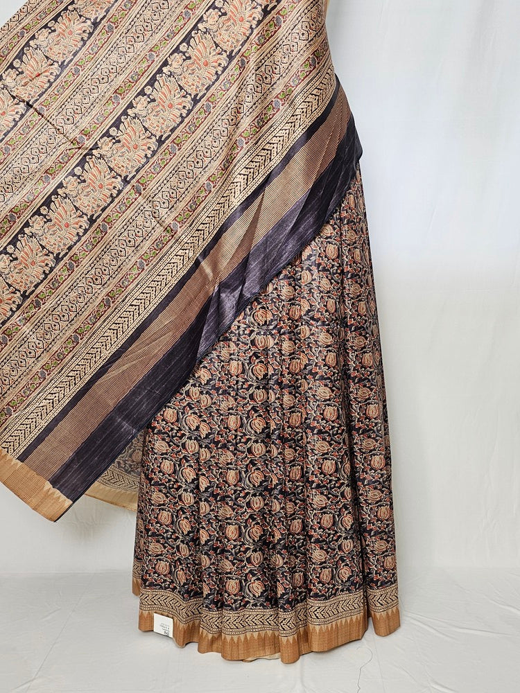 Block Printed Kalamkari Cotton Tussar Saree with Temple Jari Border