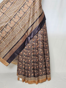 Block Printed Kalamkari Cotton Tussar Saree with Temple Jari Border