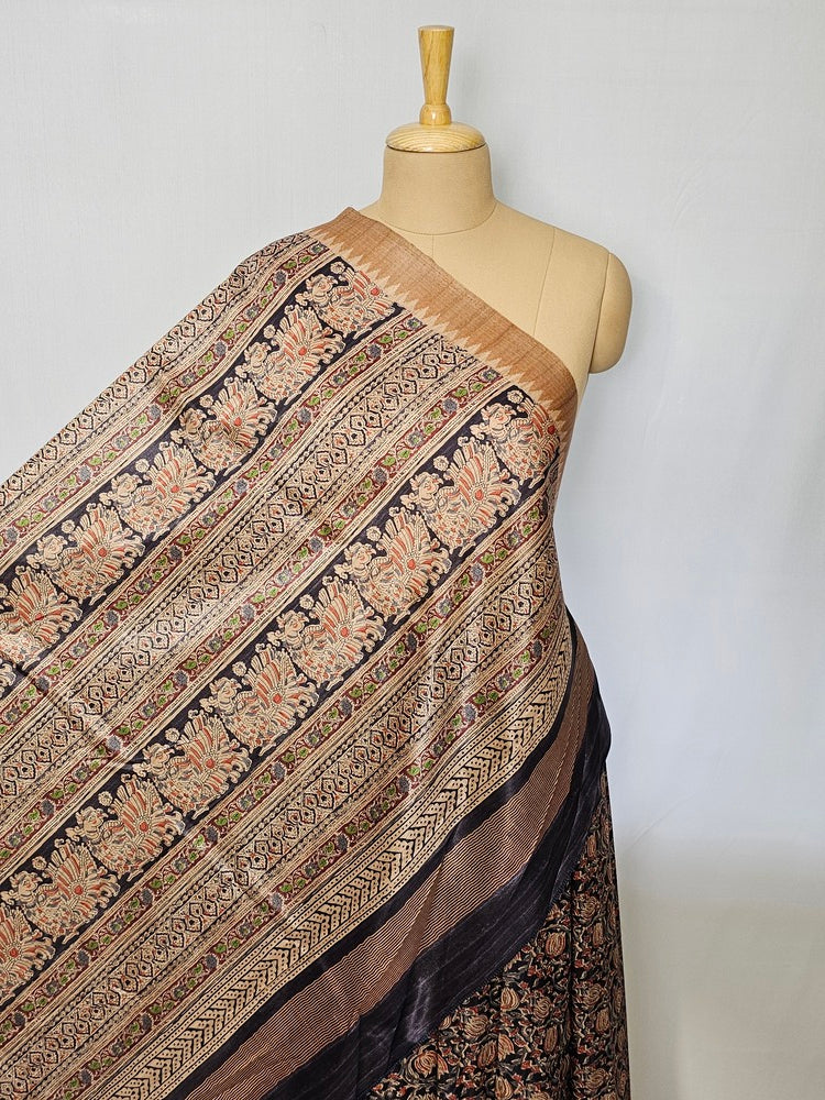 Block Printed Kalamkari Cotton Tussar Saree with Temple Jari Border